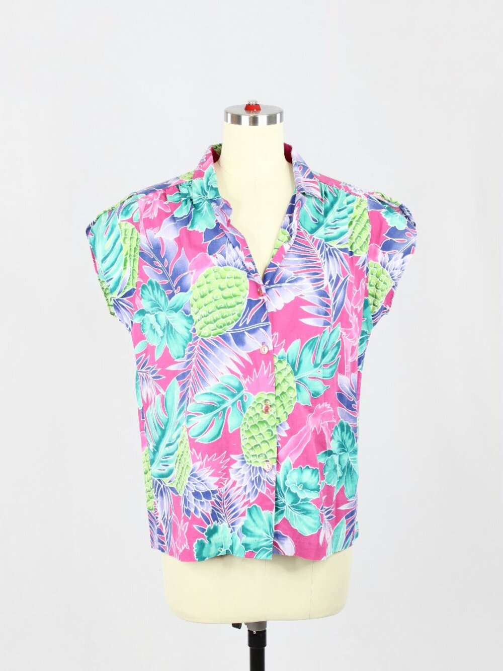 Vintage 90s HILO HATTIE Hawaiian Floral 100% Cotton Cap Sleeve Shirt Top, Size L